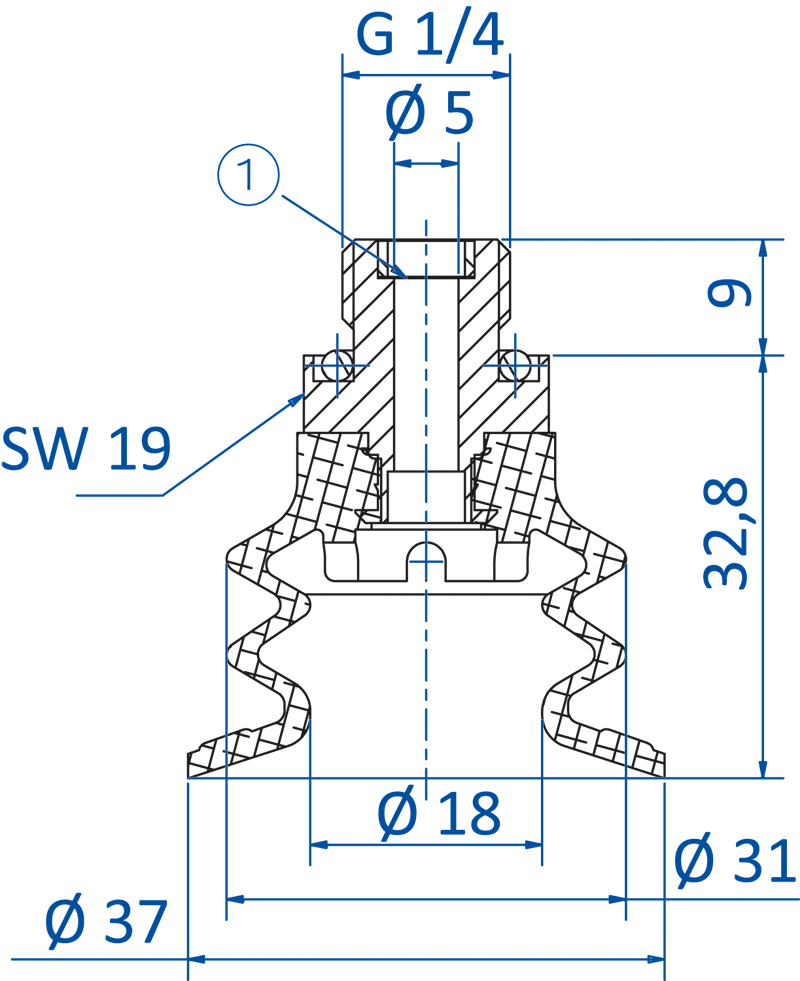 Размеры сильфонной вакуумной присоски FIPA серии SP-BX2 20.037.150